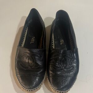 CHANEL Black Leather Espadrilles